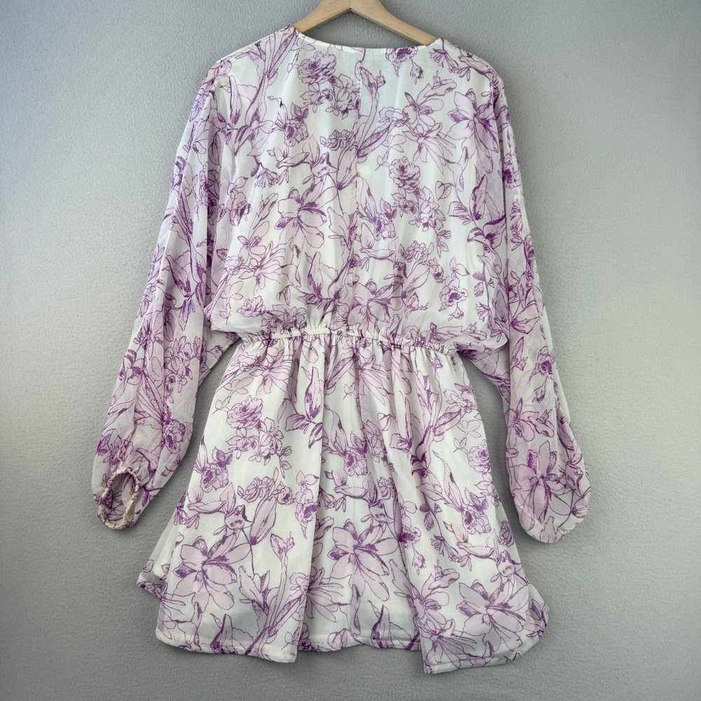 A New Day Floral Mini Dress Women XS Purple White Boho V-Neck Long Sleeve - Picture 5 of 12